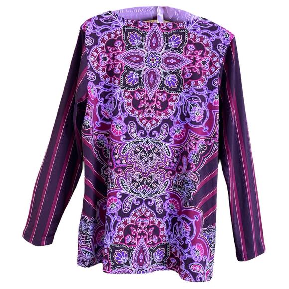 Bob Mackie Purple Paisley Striped Sleeve Top size Small - Picture 2 of 6